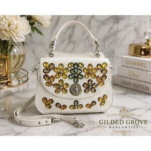 Sharif Vintage White Leather Floral Gem Handbag Satchel Purse Embellished